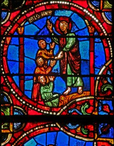 Fenster w12, Szene aus der Legende von St. Johannes: der Heilige und der vergiftete Kelch: St. Johannes überlebt und belebt die 3 vergifteten Männer von French School