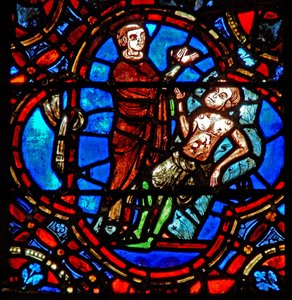 Fenster w12, Darstellung einer Szene im Fenster des barmherzigen Samariters: ein anderer Reisender sieht den verwundeten Pilger von French School