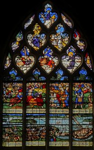 Fenster w12 mit Darstellung der Speisung der 5000; eine lokale Szene des Brückenbaus