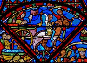 Fenster w15 Darstellung der Geschichte der Reliquien des Heiligen Stephanus: Transport der Reliquien mit Pferd und Wagen