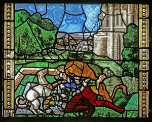 Fenster w16, Darstellung von St. Thomas in Indien wird zur Hochzeit von Pelagius eingeladen, wird von einem Diener geschlagen - der wiederum von einem Löwen gefressen wird. Ein Hund bringt den Arm des Dieners von French School