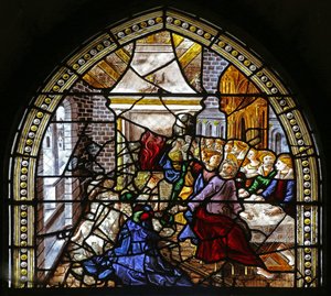 Fenster w16, Darstellung von St. Thomas in Indien wird zur Hochzeit von Pelagius eingeladen, wird von einem Diener geschlagen - der wiederum von einem Löwen gefressen wird. Ein Hund bringt den Arm des Dieners von French School