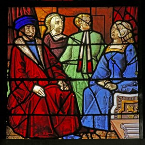 Fenster w17, Darstellung des Lebens von St. Remi. 2 Männer und 2 Frauen sitzen von French School