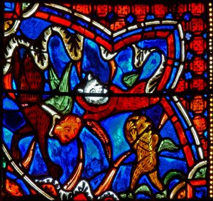 Fenster w18 Darstellung des Heiligen Jakobus und aufgeregter Dämonen
