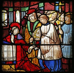 Fenster w19, Darstellung des Lebens von St. Remi. Ihm wird das Bistum von Reims angeboten
