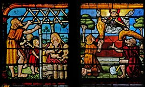 Fenster w1, Darstellung von Adam beim Hausbau und Eva mit ihren Kindern; Kain und Abel bringen ihre Opfer dar von French School