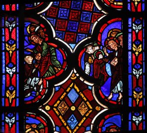 Fenster w1, das Christus darstellt, der sagt: Ich bin die Auferstehung und das Leben