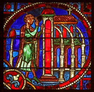 Fenster w1, Szene aus der Theophilus-Geschichte: Er betritt eine Kirche, um zu bereuen von French School