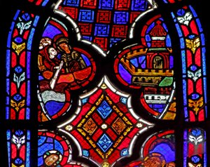 Fenster w1 zeigt eine Szene aus dem Leben der hl. Maria Magdalena - die Heilige reist nach Marseille