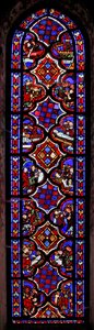Fenster w1 zeigt eine Szene aus dem Leben der hl. Maria Magdalena mit Szenen aus der Geschichte von Maria und Martha von French School