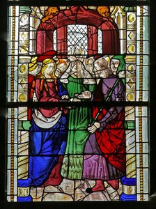 Fenster w1, das die Hochzeit der Jungfrau Maria darstellt