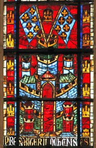 Fenster w205, eine Burg und Fahnen mit Lilien darstellend