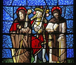 Fenster w20, das St. Dominikus und St. Franziskus mit einem Ritter, der ein Schwert hält, darstellt von French School