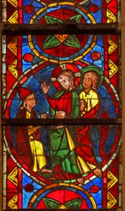 Fenster w213, Darstellung einer Szene aus dem Leben von St. Thomas: Christus empfängt den Boten von Gundaphorus und sagt Thomas, er solle nach Indien gehen von French School