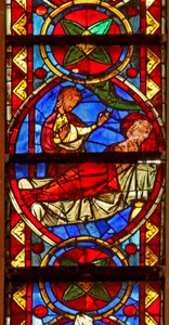 Fenster w213, Darstellung von Szenen aus dem Leben von St. Stephan und der Geschichte seiner Reliquien: Gamaliel erzählt Lucian im Traum den Ort der Beerdigung von Stephan von French School