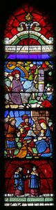 Fenster w22, das den Einzug in Jerusalem; die Anbetung der Heiligen Drei Könige; St. Kosmas und Damian darstellt