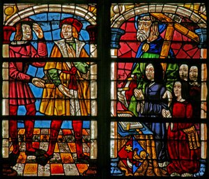 Fenster w232 zeigt eine Szene aus der Geschichte vom verlorenen Sohn: der Zorn des älteren Bruders; Frau und Töchter des Stifters, St. Simon