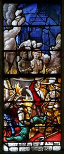 Fenster w23, St. Crepin und St. Crepinian im kochenden Öl darstellend