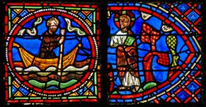 Fenster w23, Darstellung von St. Julian Hospitalier, der Christus jede Nacht auf der anderen Seite des Flusses trifft von French School