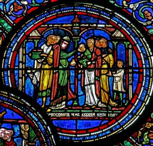 Fenster w23, Darstellung des Heiligen Thomas Becket, der Kinder bestätigt