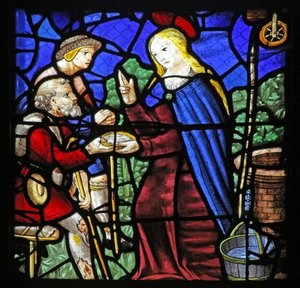 Fenster w24, das St. Genevieve, die einem Aussätzigen zu trinken gibt, darstellt