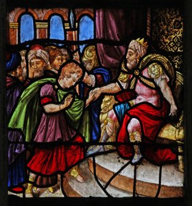 Fenster w25, das eine Szene aus der Geschichte von Joseph darstellt: vor dem Pharao (modern) von French School