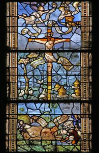Fenster w26, das Christus am Kreuz, umgeben von von Vergil inspirierten ländlichen Szenen, darstellt. Fenster gestiftet von Thomas Mangin
