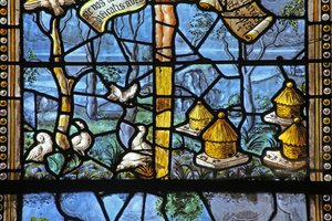 Fenster w26, das von Vergil inspirierte ländliche Szenen unter Christus am Kreuz darstellt von French School