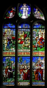 Fenster w30, Darstellung von David erschlägt Goliath; er kehrt mit dem Kopf zu den Töchtern von Judäa zurück von French School