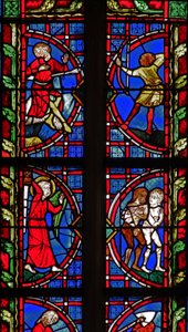 Fenster w30, Darstellung des Todes von Kain; Adam und Eva werden aus Eden vertrieben von French School