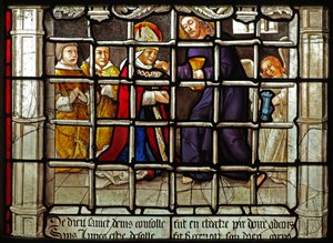 Fenster w31 zeigt eine Szene aus dem Leben von St. Denis: empfängt die Kommunion von Christus im Gefängnis von French School