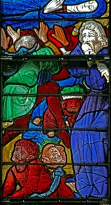 Fenster w4, Beerdigung der Jungfrau Maria und das Stürzen des Sarges (der Junge aus Bourges)