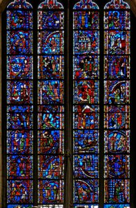 Fenster w53, Darstellung von Szenen aus dem Leben der St. Katharina, St. Nikolaus, St. Johannes der Täufer, St. Stephanus