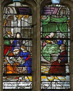 Fenster w5 mit Darstellung der Geburt von St. Foy