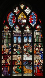 Fenster w5 mit Darstellung der Ereignisse im Haus Simons: Maria Magdalena wäscht die Füße Christi