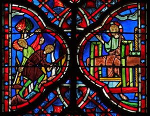 Die Bäume des Waldes werden mit einer Axt gefällt (L) Jesaja 10:33-34. Christus mit der Weinpresse (R) Jesaja 63:1-6 von French School