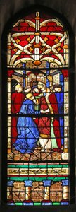 Fenster w7, das eine Szene aus dem Leben von St. Augustinus darstellt: er wird zum Professor in Mailand ernannt und besucht Ambrosius von French School