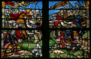Fenster w8, Darstellung einer Schlachtszene mit Kaiser Konstantin, in der das Kreuz erschien und er triumphiert