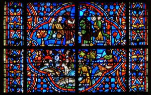 Fenster w9 mit Szenen aus der Geschichte von Joseph: Jakob schickt Joseph zu seinen Brüdern. Sie schmieden dann Pläne gegen ihn, während sie alle auf den Feldern arbeiten.