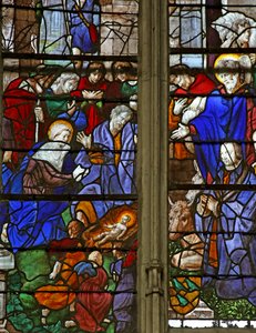 Fenster w9 mit Darstellung der Anbetung der Hirten; der Stifter Baurot und St. Roche von French School