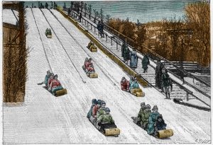 Winterspiel und Sport: die Toboggan-Rutsche, Achterbahn im Montreal Park, Kanada. Gravur in „La Nature. Revue des sciences et de ses applications aux arts et à l