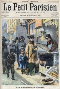 Winterschwalben: Ein junger Schornsteinfeger auf der Straße, bedeckt mit Ruß. Auf dem Bürgersteig ein Polizist, eine Mutter und Tochter mit einem Kastanienverkäufer. Gravur in "Le Petit Parisien" von French School