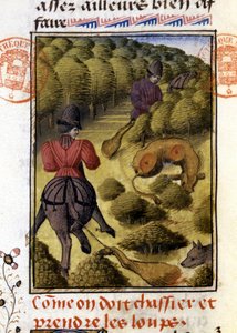 Wolfsjagd - aus „Hunting Book of Gaston Phoebus, Count of Foix, Lord of Béarn“ von French School