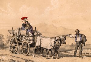 Frau und Kind in traditioneller Kleidung auf einem Wagen voller Säcke, ca. 1840
