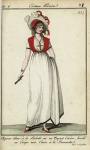 Frau mit Lisbeth-Hut in der Mode von 1798 (handkolorierte Kupferstichgravur) von French School