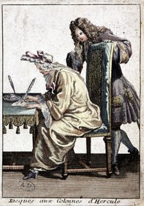 Frau im Hemd und Nachthaube schreibt einen Brief mit einem Mann, ca. 1715