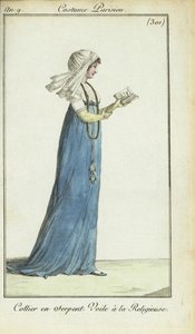 Frau im Nonnen-Schleier liest eine Modezeitschrift von French School