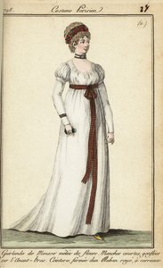 Frau in der Mode von 1798 mit kurzen Haaren unter einem Kranz von French School