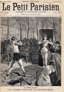 Frau bei einem Unfall während einer Straßenshow von Gauklern auf der Place des Quinconces in Bordeaux getötet. In „Le Petit Parisien“ am 05.03.1893 (Gravur) von French School
