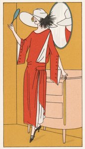 Frau in einem roten Kreppkleid und weißem Hut aus den 1920er Jahren (Farblithografie) von French School